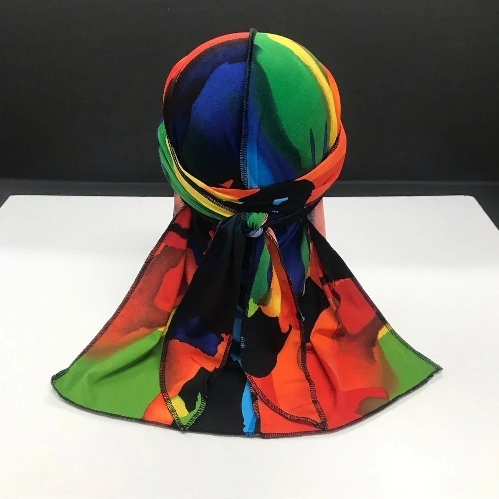 Jersey Durag Head Scarf Turban Multicolored Long Tail Stretch Wave Cap - Picture 2 of 14